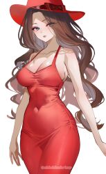 Rule 34 | 1girl, bad source, blue eyes, bow, breasts, brown hair, cleavage, closed mouth, collarbone, covered navel, cowboy shot, donkey kong (series), dress, eyeshadow, fedora, hat, hat bow, highres, large breasts, lipstick, long hair, looking to the side, makeup, mario (series), nintendo, pauline (mario), purple eyeshadow, red dress, red hat, red lips, shuri (84k), simple background, sleeveless, sleeveless dress, smile, solo, standing, super mario odyssey, taut clothes, taut dress, twitter username, wavy hair, white background