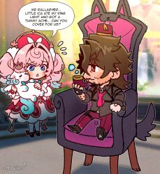 1boy 1girl 1other artist_name beard_stubble black_shirt blue_hair brown_hair bubble chibi chibi_only commentary english_commentary english_text facial_hair fez_hat gallagher_(honkai:_star_rail) gradient_hair highres holding holding_smoking_pipe honkai:_star_rail honkai_(series) hyacine_(honkai:_star_rail) little_ica_(honkai:_star_rail) multicolored_hair necktie on_chair oneirio open_mouth pegasus pink_hair red_necktie shirt sitting smile smoking_pipe speech_bubble stubble undone_necktie