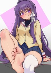 1girl absurdres artist_name barefoot blue_skirt blush breasts clannad closed_mouth commentary eyelashes feet foot_focus foot_out_of_frame fujibayashi_kyou fukou grey_background hair_intakes hair_ribbon highres hikarizaka_private_high_school_uniform knee_up long_hair long_sleeves looking_at_viewer medium_breasts miniskirt pleated_skirt presenting_foot purple_background purple_eyes purple_hair ribbon sailor_collar school_uniform shadow signature single_thighhigh sitting skindentation skirt smile soles solo thighhighs thighs toenails toes very_long_hair white_ribbon white_sailor_collar white_thighhighs