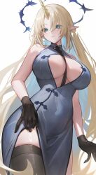 Rule 34 | 1girl, alternate costume, bare arms, bare shoulders, black gloves, black thighhighs, blonde hair, blue eyes, blue hair, breasts, center opening, china dress, chinese clothes, closed mouth, colored inner hair, commentary, covered navel, cowboy shot, crown of thorns, dress, earrings, fleurdelys (wuthering waves), floating earrings, gloves, grey dress, highres, horns, jewelry, large breasts, long hair, long horns, looking at viewer, multicolored hair, parted bangs, pointy ears, revision, side slit, sidelocks, signature, simple background, single horn, single thighhigh, skindentation, sleeveless, sleeveless dress, solo, symbol-only commentary, tacet mark (wuthering waves), thighhighs, thighs, very long hair, white background, wuthering waves, yellow horns, zua (2vziu)