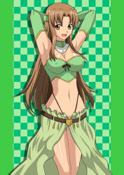 Rule 34 | 00s, 1girl, aria (seiken no blacksmith), armpits, belt, brown hair, elbow gloves, female focus, gloves, highleg, long hair, midriff, panties, seiken no blacksmith, solo, thong, underwear, yellow eyes, zerosu (take out)