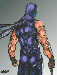 Rule 34 | 1boy, ass, bodysuit, cape, fingerless gloves, gloves, highres, holding, holding unworn clothes, holding panties, holding underwear, holding unworn clothes, male focus, mask, muscular, nameo (judgemasterkou), panties, skin tight, sleeveless, solo, the rapeman, underwear, uwasaki keisuke