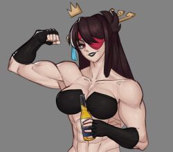 1girl 2024 alcohol beidou_(genshin_impact) biceps black_bra black_gloves black_lips bottle bra breasts brown_hair cleavage clenched_hands collarbone commentary cropped_torso crown desn english_commentary eyepatch female_focus fingerless_gloves flexing floating genshin_impact gloves grey_background grin hair_ornament hair_stick head_tilt holding holding_bottle large_breasts long_hair looking_at_viewer muscular muscular_female plunging_neckline red_eyes simple_background smile solo underwear upper_body
