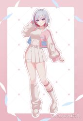 1girl absurdres blue_eyes blush closed_mouth colored_inner_hair crop_top grey_hair hair_between_eyes hair_ornament hairclip highres honkai:_star_rail honkai_(series) jacket long_sleeves medium_hair midriff multicolored_hair pochimaru_(marumaru_wanwan) red_hair shirt shoes short_hair simple_background skirt smile solo streaked_hair sweater_jacket thighhighs topaz_(honkai:_star_rail) white_shirt white_shoes white_skirt white_thighhighs