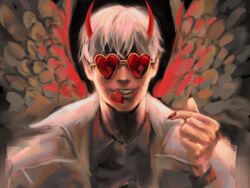 1boy backlighting black_nails black_shirt coat collared_shirt demon_horns double_finger_heart english_text facing_viewer feathered_wings finger_heart fingernails grin hair_between_eyes heart heart-shaped_eyewear horns kim_dokja macaronijail male_focus omniscient_reader&#039;s_viewpoint popped_collar shirt short_hair smile solo upper_body white_coat white_hair white_wings wings