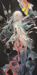 1girl :3 absurdres barefoot breasts closed_mouth dark_skin dress full_body grey_hair hair_ornament highres ichika_(ichika87) long_hair messy_hair navel original small_breasts smug solo tan torn_clothes torn_dress white_hair wind x_hair_ornament yellow_eyes