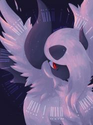 :&lt; absol animal_focus artist_name asymmetrical_hair blue_background bright_pupils closed_mouth fang fang_out feathered_wings gen_3_pokemon hair_over_one_eye highres lemonade_kokoi long_hair mega_absol mega_pokemon nintendo no_humans one_eye_covered pokemon pokemon_(creature) red_eyes signature simple_background solo twitter_username white_hair white_pupils white_wings wings