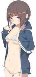 1girl absurdres bikini blue_jacket blush bob_cut breasts brown_hair closed_mouth collarbone covered_erect_nipples cowboy_shot double_vertical_stripe grey_bikini groin halterneck hands_up highres jacket linea_alba long_hair long_sleeves looking_at_viewer lowleg lowleg_bikini medium_breasts micro_bikini navel open_clothes open_jacket original pouty_lips purple_eyes rasusurasu side-tie_bikini_bottom simple_background sleeves_past_wrists solo standing straight_hair swimsuit track_jacket tsurime white_background