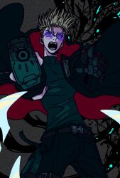1boy aiming amo30101 aqua_eyes black_coat black_pants black_shirt blonde_hair blue-tinted_eyewear coat falling film_grain grey_background highres holster jaggy_lines looking_at_viewer male_focus multicolored_coat open_mouth pants prosthesis prosthetic_arm red_coat round_eyewear shirt solo spiked_hair tinted_eyewear trigun trigun_stampede turtleneck turtleneck_shirt two-sided_coat two-sided_fabric two-tone_coat undercut vash_the_stampede