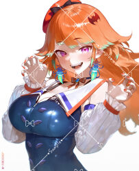 1girl bat_hair_ornament blue_vest bow bow_choker breasts choker cleavage colored_tips commentary detached_sleeves earrings english_commentary fangs feather_earrings feathers hair_ornament hat highres hololive hololive_english jewelry large_breasts looking_at_viewer maro2ki3 mini_hat multicolored_hair orange_hair orange_hat orange_nails purple_eyes simple_background solo takanashi_kiara vampire vest virtual_youtuber white_background zipper_pull_tab