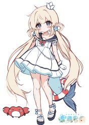 Rule 34 | 1girl, blonde hair, blue eyes, blue sandals, blue scales, blush stickers, bow, character name, commentary, crab, design speculation, dress, fins, fish tail, frilled dress, frilled sailor collar, frills, full body, gloomy vt, gloves, hair rings, highres, indie virtual youtuber, lifebuoy, long hair, looking at viewer, low twintails, red bow, sailor collar, sailor dress, sameko saba, sandals, shell hair ornament, simple background, solo, swim ring, tail, twintails, very long hair, virtual youtuber, white background, white dress, white gloves
