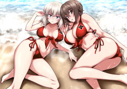2girls beach bikini blue_eyes breasts brown_eyes brown_hair commentary cross feet_out_of_frame front-tie_bikini_top front-tie_top girls_und_panzer grey_hair iron_cross itsumi_erika looking_at_viewer lying medium_breasts multiple_girls nakahira_guy nishizumi_maho on_side red_bikini short_hair side-tie_bikini_bottom swimsuit waves