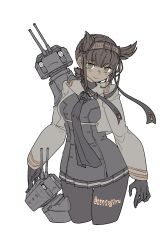 1girl anchor_symbol black_bodysuit black_headband black_neckerchief blush bodysuit brown_hair chou-10cm-hou-chan chou-10cm-hou-chan_(hatsuzuki&#039;s) closed_mouth commentary_request cropped_jacket cropped_legs green_eyes hachimaki hair_flaps hatsuzuki_(kancolle) hatsuzuki_kai_ni_(kancolle) headband highres kantai_collection long_sleeves looking_at_viewer neckerchief oso_(toolate) simple_background twitter_username white_background