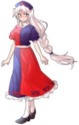 1girl arms_at_sides black_shoes blue_dress blue_hat blush braid breasts collared_dress commentary_request constellation_print cross cross_print crying crying_with_eyes_open curtained_hair dairi dress flats floating_hair full_body grey_eyes hair_tie hat large_breasts large_variant_set long_hair looking_at_viewer multicolored_dress nurse_cap pantyhose parted_lips print_dress puffy_short_sleeves puffy_sleeves raised_inner_eyebrows red_cross red_dress shoes short_sleeves sidelocks simple_background single_braid solo standing tachi-e tears touhou transparent_background variant_set very_long_hair wavy_mouth white_hair white_pantyhose white_petticoat yagokoro_eirin