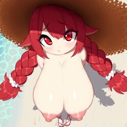 1girl absurdres animal_ears beach blush borrowed_character braid breasts closed_mouth collarbone cromachina deep_skin eyebrows_hidden_by_hair from_above goat-chan_(enarane) goat_ears goat_girl hat highres huge_breasts large_areolae large_nipples looking_at_viewer nail_polish nude ocean oppai_loli original pout puffy_areolae puffy_nipples red_eyes red_hair sandals scrunchie shiny_skin sidelocks skindentation solo standing straw_hat twin_braids twintails