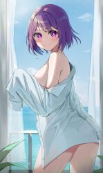 1girl absurdres bare_shoulders blush breasts closed_mouth cowboy_shot curtains dambi highres hoshino_ai indoors looking_at_viewer naked_shirt off_shoulder oshi_no_ko purple_eyes purple_hair shirt short_hair sleeves_past_fingers sleeves_past_wrists smile solo standing swept_bangs white_shirt window