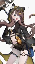 99noe_honoka :d ankh arknights belt black_belt black_jacket black_ribbon blue_eyes blush brown_hair brown_shorts brown_tail commentary contrapposto cowboy_shot fang floating_hair flower grey_background hand_on_own_hip heart high_belt highres holding hood hood_up hooded_jacket infection_monitor_(arknights) jacket long_hair long_sleeves looking_at_viewer midriff navel neck_ribbon o-ring o-ring_thigh_strap open_clothes open_jacket open_mouth pepe_(arknights) ribbon shorts simple_background skin_fang smile standing tail tail_ornament tail_raised tail_ring thigh_strap white_flower