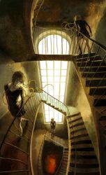 1other atmospheric_perspective black_boots black_dress black_eyes boots climbing collarbone dress glasses glowing hair_flowing_over highres homicipher light_particles long_hair mr._crawling multiple_views railing short_dress solo squalid114617 stairs stairwell walking window_light