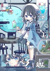 1girl absurdres apron artist_name black_hair blue_eyes blue_kimono blue_skirt blush_stickers chair closed_mouth cup drinking_glass ena_1510 fish_tank food frilled_apron frills full_body grey_sandals hair_ornament hair_ribbon hair_stick headscarf high_heel_sandals highres holding holding_tray japanese_clothes kimono long_hair long_sleeves looking_at_viewer melon_soda multiple_views obi original parted_lips pleated_skirt pudding ribbon sandals sash skirt socks standing tabi table tray twitter_username watermark white_apron white_headscarf white_ribbon white_socks wide_sleeves