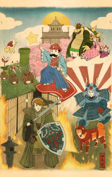 1girl 3boys arm_cannon armor bad_deviantart_id bad_id bowser capcom castle cherry_blossoms cloud crossover facial_hair fangs fine_art_parody fire goomba hakama hakama_pants hat highres hylian_shield japanese_armor japanese_clothes katana kimono kiseru koopa koopa_paratroopa koopa_troopa kote kusazuri link mario mario_(series) marirosa mega_man_(character) mega_man_(classic) mega_man_(series) multiple_boys mushroom mustache navi nihonga nintendo pants parody piranha_plant princess_peach rising_sun_flag rush_(mega_man) samurai sandals shield shinsengumi shoulder_armor smoking_pipe sode spikes stone_lantern sun sunburst suneate super_mushroom super_star super_star_(mario) sword the_legend_of_zelda toad_(mario) triforce ukiyo-e weapon wings