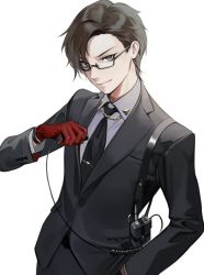 1boy bad_id bad_twitter_id black_jacket black_necktie black_pants brown_hair closed_mouth collared_shirt cowboy_shot formal_clothes glasses gloves grey_shirt hand_in_pocket hand_up highres holding hypnosis_mic iruma_jyuto jacket long_sleeves looking_at_viewer male_focus necktie ohisashiburi pants red_gloves semi-rimless_eyewear shirt short_hair simple_background smile smirk solo standing suit tie_clip under-rim_eyewear white_background