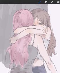 2girls arms_around_neck art_program_in_frame bang_dream! bang_dream!_it&#039;s_mygo!!!!! bare_arms blue_eyes brown_hair camisole chihaya_anon grey_camisole handsomeckwing highres hug implied_kiss long_hair multiple_girls nagasaki_soyo pink_hair white_camisole yuri
