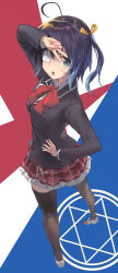 1girl absurdres ahoge ascot black_jacket black_thighhighs blazer blue_eyes blue_hair buttons chuunibyou_demo_koi_ga_shitai! collared_shirt dark_blue_hair dededecopon eyepatch frilled_skirt frills from_above full_body hair_ribbon hexagram highres icho_private_high_school_uniform jacket looking_at_viewer looking_back medical_eyepatch one_side_up open_mouth plaid_clothes plaid_skirt red_ascot ribbon school_uniform shirt short_hair skirt solo star_of_david takanashi_rikka thighhighs v v_over_eye white_shirt yellow_ribbon zettai_ryouiki