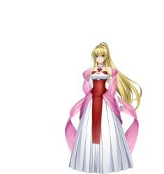 1girl blonde_hair blue_eyes breasts choker cleavage closed_mouth collarbone covered_navel dress elbow_gloves floating_hair full_body gem gloves hair_between_eyes high_ponytail highres jewelry kouyoku_senki_exs-tia large_breasts long_dress long_hair looking_at_viewer medium_breasts official_art ponytail red_dress rieszverne_suzette_paladill smile solo standing strapless strapless_dress tachi-e tiara transparent_background very_long_hair white_dress white_gloves