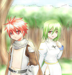 Rule 34 | 1boy, 1girl, 2000s (style), alternate color, armor, bandaid, bandaid on cheek, bandaid on face, blue sky, blush, breasts, brown cape, brown eyes, brown shirt, brown tabard, cape, chainmail, closed mouth, cloud, commentary request, cowboy shot, cross, day, dress, expressionless, forest, garter straps, green hair, hair between eyes, juliet sleeves, knight (ragnarok online), long bangs, long sleeves, looking at viewer, medium breasts, nature, open mouth, outdoors, priest (ragnarok online), puffy sleeves, rafoll, ragnarok online, red eyes, red hair, shirt, short hair, side slit, sky, smile, spiked hair, tabard, white dress