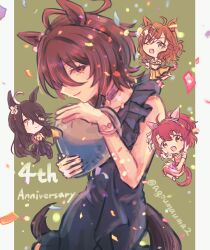 4girls agnes_tachyon_(umamusume) agoumauma2 ahoge animal_ears anniversary artist_name balloon black_dress black_hair braid brown_eyes brown_hair choker closed_mouth dantsu_flame_(umamusume) dress ear_covers earrings fang flower hair_between_eyes hair_flower hair_ornament hairclip half_up_half_down_braid highres holding holding_balloon horse_ears horse_girl horse_tail jewelry jungle_pocket_(umamusume) long_hair_between_eyes looking_at_viewer manhattan_cafe_(umamusume) multicolored_hair multiple_girls notched_ear one_eye_closed open_mouth pink_choker pink_dress purple_dress red_eyes short_sleeves single_earring sleeveless sleeveless_dress smile solo_focus tail twitter_username umamusume white_hair yellow_dress yellow_eyes
