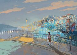 1girl blue_sky building city cityscape cloud cloudy_sky day fence highres lamppost ocean original reflection reflective_water road scenery sky slow_d solo water