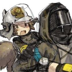 1girl 1other animal_ear_headwear arknights black_gloves blush brown_coat brown_eyes brown_hair buffalo_iinkai carrying coat covered_face doctor_(arknights) embarrassed face_shield fake_animal_ears firefighter gloves hand_on_another&#039;s_shoulder helmet highres hood hood_up hooded_coat knee_pads long_sleeves looking_at_another mask open_mouth outstretched_arms piggyback shaw_(arknights) short_hair simple_background squirrel_girl squirrel_tail tail upper_body v-shaped_eyebrows visor_lift white_background