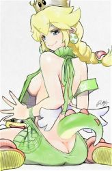 1girl armband ass backless_dress backless_outfit bare_back blonde_hair blue_eyes boots bracelet braid breasts butt_crack commentary_request crown dimples_of_venus dog dress earrings egg_earrings from_behind green_sweater hair_between_eyes hanabusa_(xztr3448) highres jewelry large_breasts long_hair looking_back low-tied_long_hair low_wings mario_(series) meme_attire mini_wings naked_sweater new_super_mario_bros._u_deluxe nintendo no_bra no_panties painting_(medium) personification poochy_(yoshi&#039;s_island) sideboob signature single_braid sitting smile solo_focus super_crown sweater sweater_dress tail traditional_media turtleneck turtleneck_sweater virgin_killer_sweater wariza watercolor_(medium) white_background wings yoshi