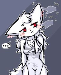 ... 1girl animal_ears animal_nose blush blush_stickers breasts changed cheek_poking cleavage curvy disembodied_hand dr_k_(changed) droopy_ears embarrassed fluffy furry furry_female genderswap genderswap_(mtf) ghost_hands grey_background hair_tuft lab_coat large_breasts long_hair neck_fur pelvic_curtain poking raised_inner_eyebrows red_eyes ren_k07 sleeveless speech_bubble spoken_ellipsis tail thick_eyebrows tight_clothes white_fur white_hair wolf wolf_ears wolf_tail