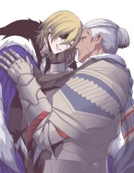 2boys armor black_armor black_fur blonde_hair blue_cape breastplate cape closed_eyes closed_mouth commentary_request dark-skinned_male dark_skin dedue_molinaro dedue_molinaro_(timeskip) dimitri_alexandre_blaiddyd dimitri_alexandre_blaiddyd_(timeskip) eyepatch fire_emblem fire_emblem:_three_houses fur-trimmed_collar fur_trim hair_between_eyes hand_on_another&#039;s_face hand_on_another&#039;s_hand hand_on_another&#039;s_shoulder highres interracial looking_at_another male_focus megubiru multiple_boys nintendo one_eye_covered patterned_clothing pauldrons ponytail scar scar_on_face scar_on_forehead scar_on_mouth scarf short_ponytail shoulder_armor simple_background smile teeth white_background white_fur white_hair yaoi