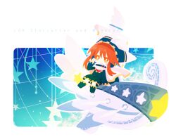 1boy blue_jacket bright_pupils cape character_name chibi closed_mouth commentary_request english_text gold_trim green_pants green_shoes hood hood_up hooded_jacket jacket kirby_(series) long_sleeves magolor male_focus nintendo orange_eyes orange_hair pants personification shoes short_hair_with_long_locks sitting smile solo star_(symbol) usagi_nui white_cape white_pupils