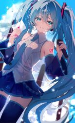 Rule 34 | 1girl, bare shoulders, black skirt, black sleeves, black thighhighs, blue eyes, blue hair, blue necktie, collared shirt, commentary request, cowboy shot, detached sleeves, grey shirt, hatsune miku, highres, holding, holding microphone, kenpii mo, long hair, long sleeves, looking at viewer, microphone, necktie, number tattoo, parted lips, pleated skirt, shirt, shoulder tattoo, skirt, sleeveless, sleeveless shirt, solo, tattoo, thighhighs, twintails, very long hair, vocaloid, zettai ryouiki