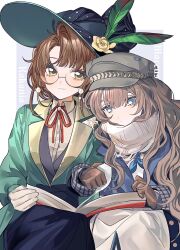 2girls black_skirt blue_coat blue_eyes blue_neckerchief book book_on_lap brown_gloves brown_hair character_name closed_mouth coat collared_shirt feathers flower glasses gloves green_feathers green_hat green_jacket hat hat_feather hat_flower highres idsmile_25 jacket kakania_(reverse:1999) long_hair looking_at_viewer looking_down marcus_(reverse:1999) mole mole_under_eye multiple_girls neck_ribbon neckerchief open_book picture_hat reading red_ribbon reverse:1999 ribbon round_eyewear scarf shirt skirt smile upper_body white_scarf white_shirt yellow_eyes yellow_flower