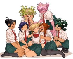 6+girls alternate_hairstyle ashido_mina asui_tsuyu black_hair black_socks blush boku_no_hero_academia brown_hair closed_eyes colored_skin good_end green_hair green_skirt grin hagakure_toru hair_bun happy jiro_kyoka lia_(miauiz) multicolored_hair multiple_girls necktie open_mouth pink_hair pink_skin purple_hair school_uniform shirt sidelocks skirt smile socks toga_himiko uraraka_ochako white_shirt yaoyorozu_momo