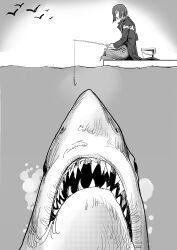 1boy absurdres braid bucket chinese_commentary closed_eyes commentary_request fate/grand_order fate_(series) fishing_rod greyscale highres holding holding_fishing_rod indian_style jaws_(movie) male_focus monochrome parody shark simple_bird single_braid sitting smile taigong_wang_(fate) wtlong_han