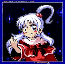 1girl artist_name blue_border blue_eyes blush border bow capelet character_name comet_summoner98 dress english_text hair_bobbles hair_ornament long_hair multiple_girls one_side_up open_mouth parody pixel_art red_bow red_dress shinki_(touhou) smile solo star_(sky) style_parody takemoto_izumi_(style) touhou touhou_(pc-98) white_hair wings zun_(style)