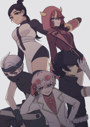 Rule 34 | 2girls, 3boys, absurdres, adjusting eyewear, atticus (pokemon), black gloves, black hair, black hat, black headband, black mask, blue eyes, brown eyes, closed mouth, commentary request, cosplay, courtney (pokemon), courtney (pokemon) (cosplay), dress, elbow gloves, eri (pokemon), eyelashes, eyewear on head, fake horns, giacomo (pokemon), gloves, green eyes, grey background, grey gloves, hand on eyewear, hand on headwear, hand on own hip, hat, headband, highres, hood, hood up, hooded jacket, horned hood, horns, jacket, jupiter (pokemon), jupiter (pokemon) (cosplay), long hair, long sleeves, mask, mela (pokemon), mouth mask, multiple boys, multiple girls, necktie, nintendo, ortega (pokemon), pokemon, pokemon bw, pokemon dppt, pokemon hgss, pokemon oras, pokemon sv, pokemon xy, ponytail, proton (pokemon), proton (pokemon) (cosplay), red-tinted eyewear, red jacket, red necktie, red shirt, red sweater, shadow triad, shadow triad (cosplay), shirt, short hair, simple background, smile, sunglasses, suzukinoko1021, sweater, sweater dress, team flare, team flare admin, team flare admin (cosplay), team flare uniform, team galactic, team galactic uniform, team magma, team magma uniform, team plasma, team rocket, team rocket uniform, team star, teeth, tinted eyewear, very short hair, white-framed eyewear, white jacket