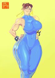 1girl bodysuit bracelet breasts brown_eyes brown_hair capcom chun-li hands_on_own_hips hardkoba highres jewelry large_breasts muscular muscular_female muscular_legs smile street_fighter thick_thighs thighs