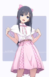 1girl :d black_hair blue_eyes bow capelet commentary_request dated grey_background hair_bow highres looking_at_viewer monai-chan_(nii_manabu) nii_manabu open_mouth original pink_bow pink_ribbon pink_skirt ribbon shirt signature skirt smile solo standing two-tone_background white_capelet white_shirt