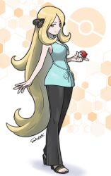 1girl absurdres alternate_costume black_pants blonde_hair blue_shirt breasts closed_mouth commentary commission cynthia_(pokemon) english_commentary full_body grey_eyes hair_over_one_eye high_heel_sandals highres holding holding_poke_ball long_hair medium_breasts nintendo official_alternate_costume pants poke_ball poke_ball_(basic) pokemon pokemon_(anime) pokemon_bw_(anime) sandals shirt siczak sleeveless sleeveless_shirt smile solo standing toes very_long_hair yellow_background
