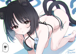 1girl all_fours animal_ear_fluff animal_ears ass bare_arms bare_legs bare_shoulders bikini black_eyes black_hair blue_archive blue_bikini blue_halo blush breasts cat_ears cat_girl cat_tail closed_mouth halo halterneck ima_(lm_ew) kikyou_(blue_archive) kikyou_(swimsuit)_(blue_archive) layered_bikini looking_at_viewer multiple_tails official_alternate_costume short_hair simple_background solo swimsuit tail two_tails white_background
