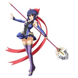 1girl bare_shoulders blue_hair boots bow breasts detached_sleeves elbow_gloves full_body fushisha_o gloves hair_bow hair_ribbon high_heels highres kagano_ai leotard magical_girl mahou_shoujo_ai non-web_source open_mouth panties polearm purple_thighhighs red_eyes ribbon short_hair skirt small_breasts solo spear staff standing thigh_boots thighhighs transparent_background underwear weapon wind wind_lift
