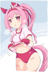 1girl animal_ears bandaid_on_thigh blush bow breath buruma clothes_lift ear_bow ear_covers fingerless_gloves flower-shaped_pupils flower_in_eye gloves gym_uniform hair_intakes haru_urara_(umamusume) headband highres horse_ears horse_girl horse_tail hot lifting_own_clothes long_hair navel open_mouth pink_buruma pink_eyes pink_hair ponytail red_buruma red_gloves red_headband shirt shirt_lift short_sleeves simoyuki solo stomach symbol-shaped_pupils symbol_in_eye tail thighs umamusume white_shirt