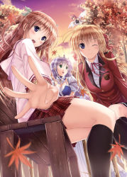 10s 4girls aiyoku_no_eustia angel_wings august_soft autumn bench black_socks blonde_hair blue_eyes blush bow brown_hair company_connection crossover daitoshokan_no_hitsujikai eustia_astraea feena_fam_earthlight fortune_arterial green_eyes hair_bow hair_ribbon kneehighs leaf long_hair looking_at_viewer mikuni_mizuki multiple_girls one_eye_closed open_mouth park plaid_clothes plaid_skirt purple_hair ribbon school_uniform sendou_erika shirasaki_tsugumi shirazaki_tsugumi skirt smile socks wings wink yoake_mae_yori_ruri_iro_na