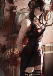 1girl arms_behind_back bare_shoulders black_dress black_hair blood blood_on_arm blood_on_clothes blood_on_face blood_on_leg blood_on_wall breasts cleavage dagger dress earrings flower gold_earrings gold_hairband hairband highres holding holding_dagger holding_knife holding_weapon jewelry knife large_breasts necklace red_eyes rose sidelocks solo spy_x_family spykeee thighhighs weapon yor_briar